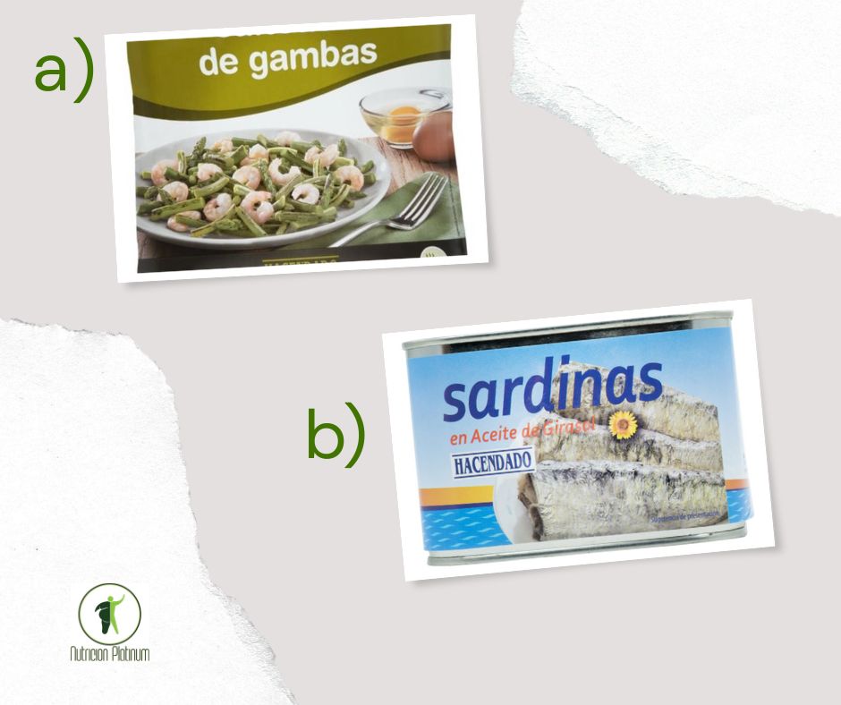 Salteado de ajetes y gambas con sardinas en lata.